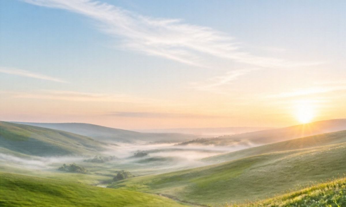 The sun rising over green pastures and misty valleys